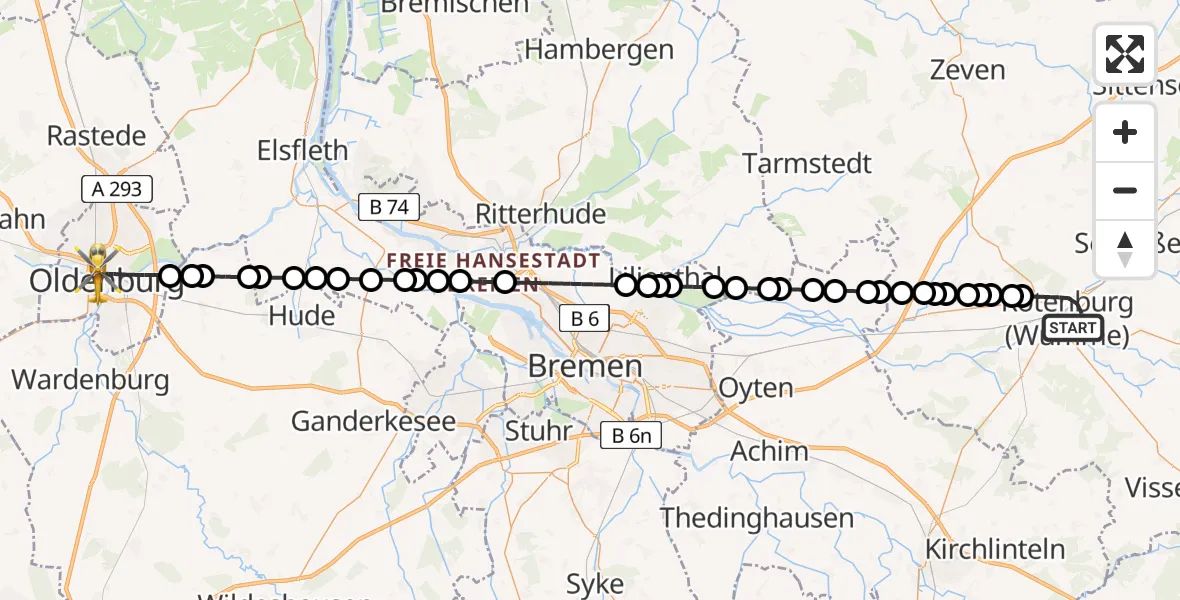 Flugroute Ambulanzhubschrauber Rotenburg - Oldenburg, 05 März 2026, 21:34