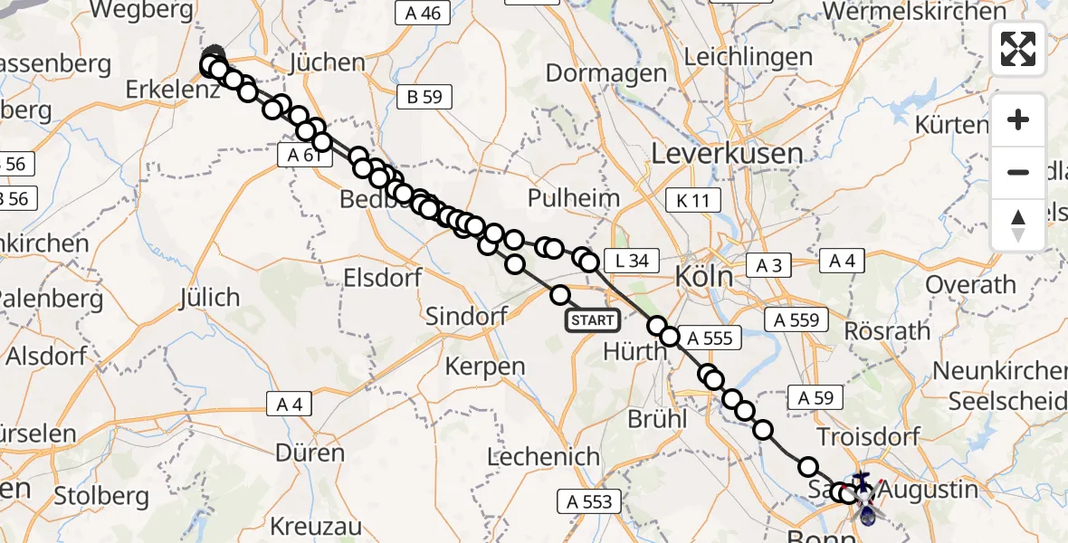 Flugroute Polizeihubschrauber Frechen - Sankt Augustin, 06 März 2026, 01:52
