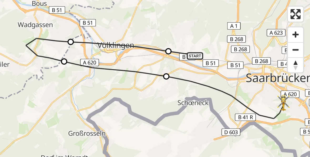 Flugroute Rettungshubschrauber Saarbrücken - Saarbrücken, 06 März 2026, 06:09