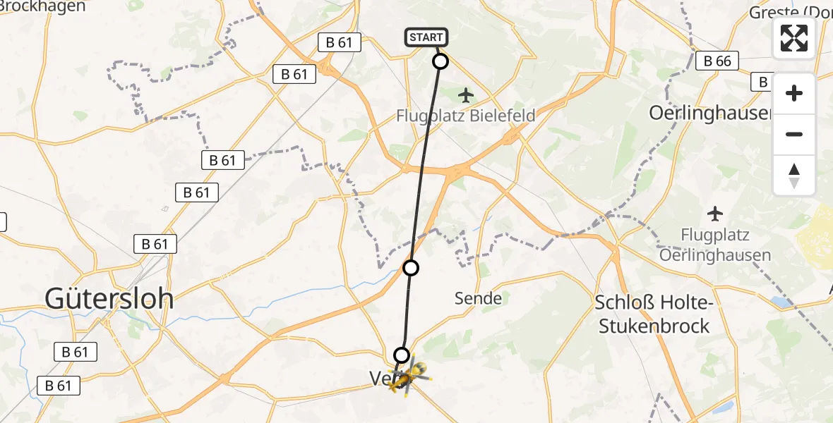 Flugroute Rettungshubschrauber Luftrettungszentrum Bielefeld - Verl, 06 März 2026, 07:01