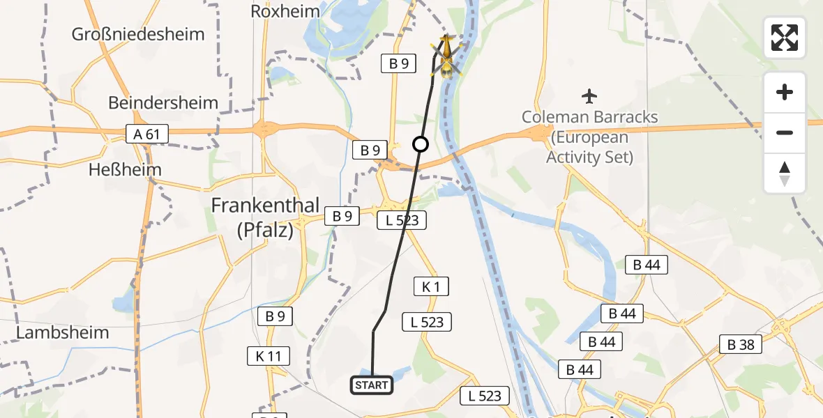 Flugroute Rettungshubschrauber Ludwigshafen am Rhein - Frankenthal (Pfalz), 06 März 2026, 07:06