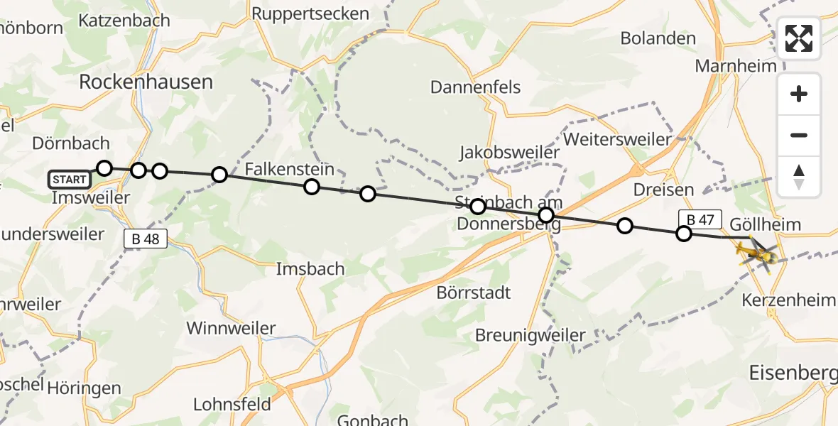 Flugroute Rettungshubschrauber Imsweiler UL - Göllheim, 06 März 2026, 07:12