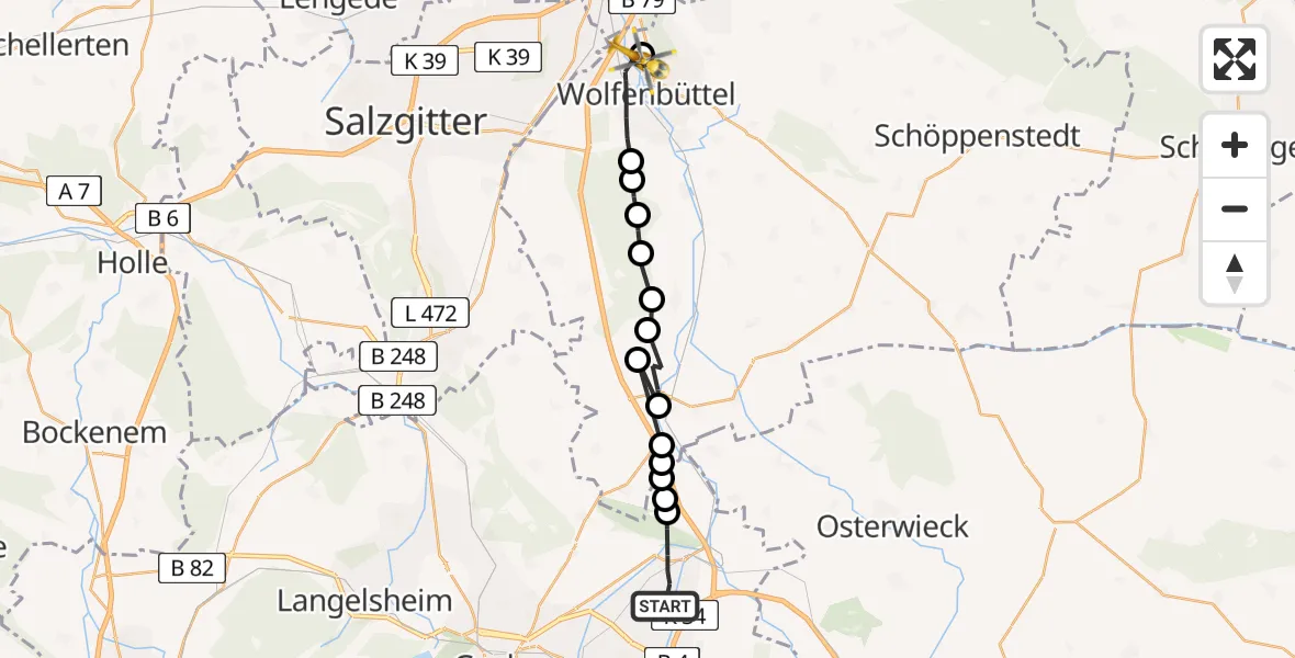 Flugroute Rettungshubschrauber Vienenburg - Wolfenbüttel Municipal Hospital Heliport (Christoph 30), 06 März 2026, 07:14