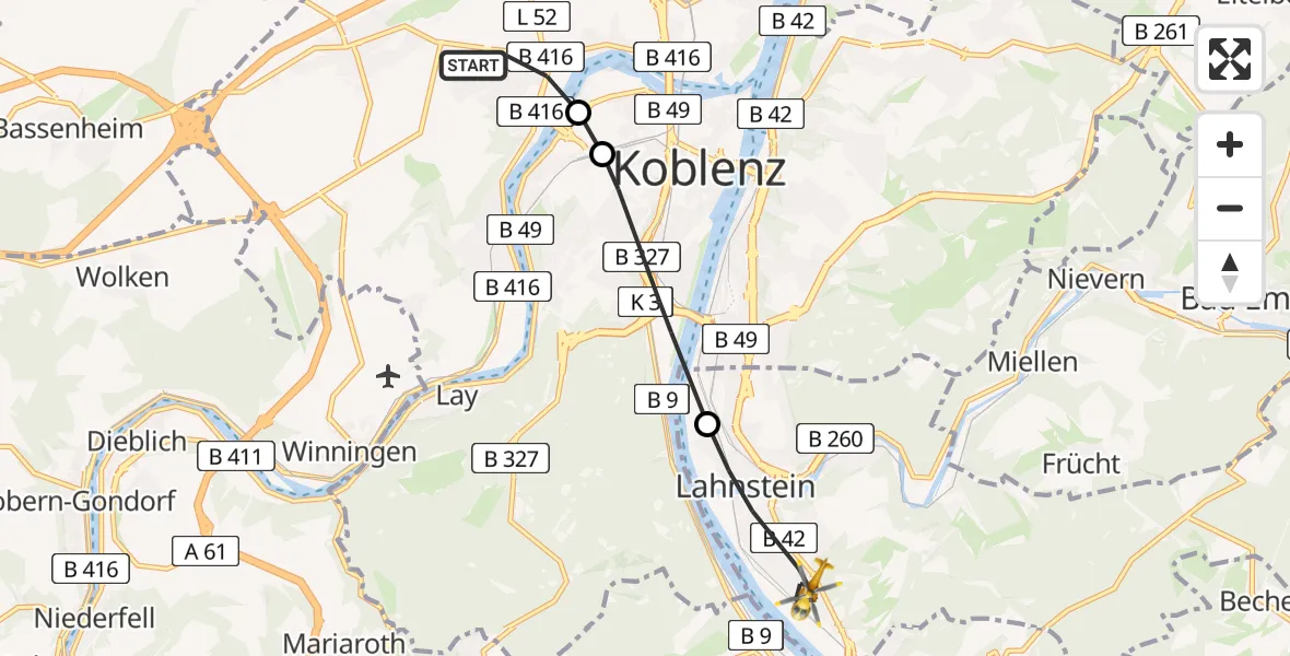 Flugroute Rettungshubschrauber Koblenz - Lahnstein, 06 März 2026, 07:31