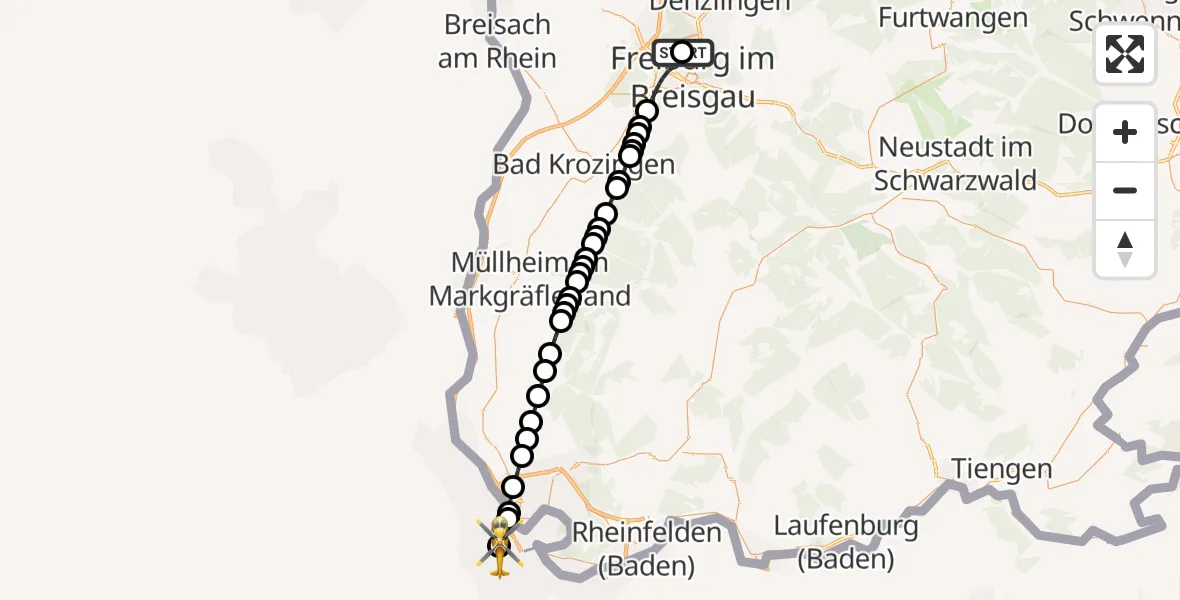 Flugroute Rettungshubschrauber Freiburg im Breisgau Airfield - Hirzbrunnen, 06 März 2026, 07:32