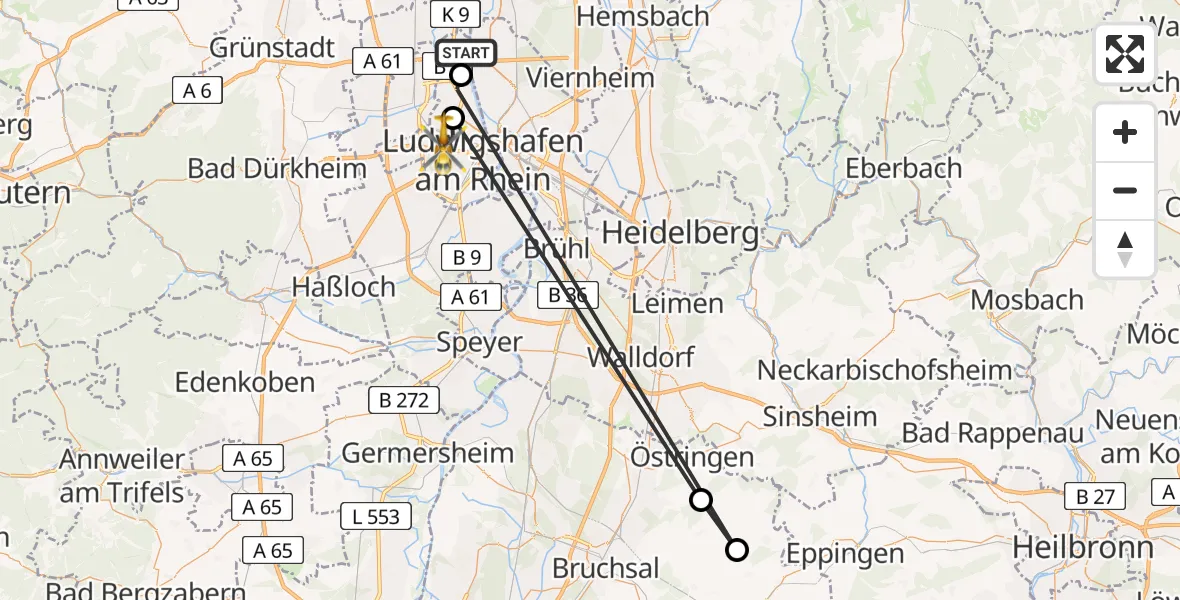 Flugroute Rettungshubschrauber Frankenthal (Pfalz) - Ludwigshafen Accident Hospital Heliport, 06 März 2026, 07:38