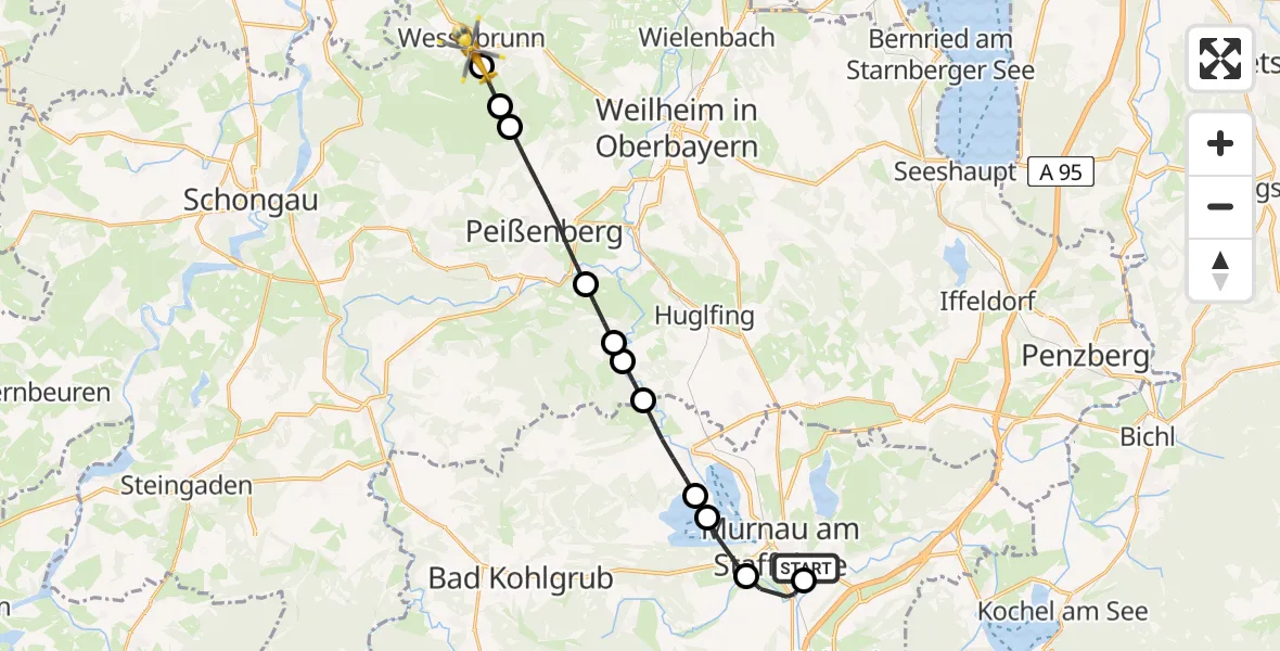 Routekaart van de vlucht: Rettungshubschrauber nach Wessobrunn, Zimmermannstraße