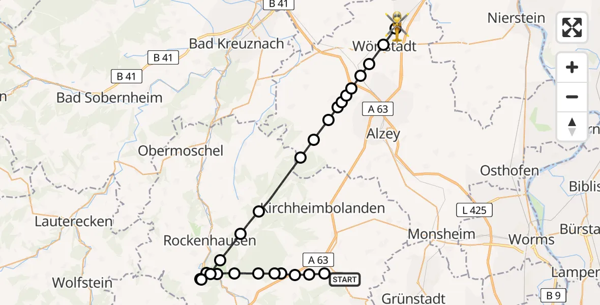 Flugroute Rettungshubschrauber Göllheim - Saulheim, 06 März 2026, 07:52
