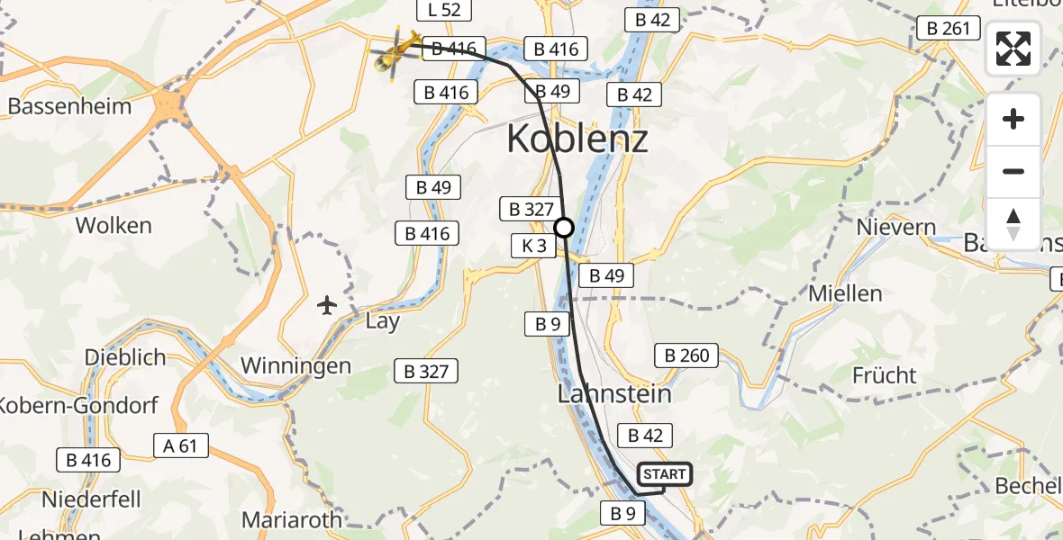 Flugroute Rettungshubschrauber Lahnstein - Koblenz, 06 März 2026, 07:53