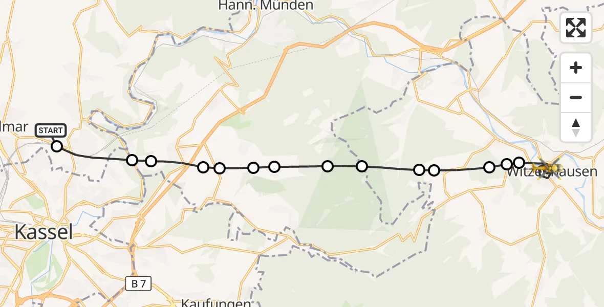 Flugroute Rettungshubschrauber Fuldatal Federal Police Heliport - Witzenhausen, 06 März 2026, 07:54