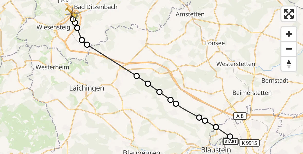 Flugroute Rettungshubschrauber ADAC Air Rescue Station Ulm (Christoph 22) - Mühlhausen im Täle, 06 März 2026, 07:58