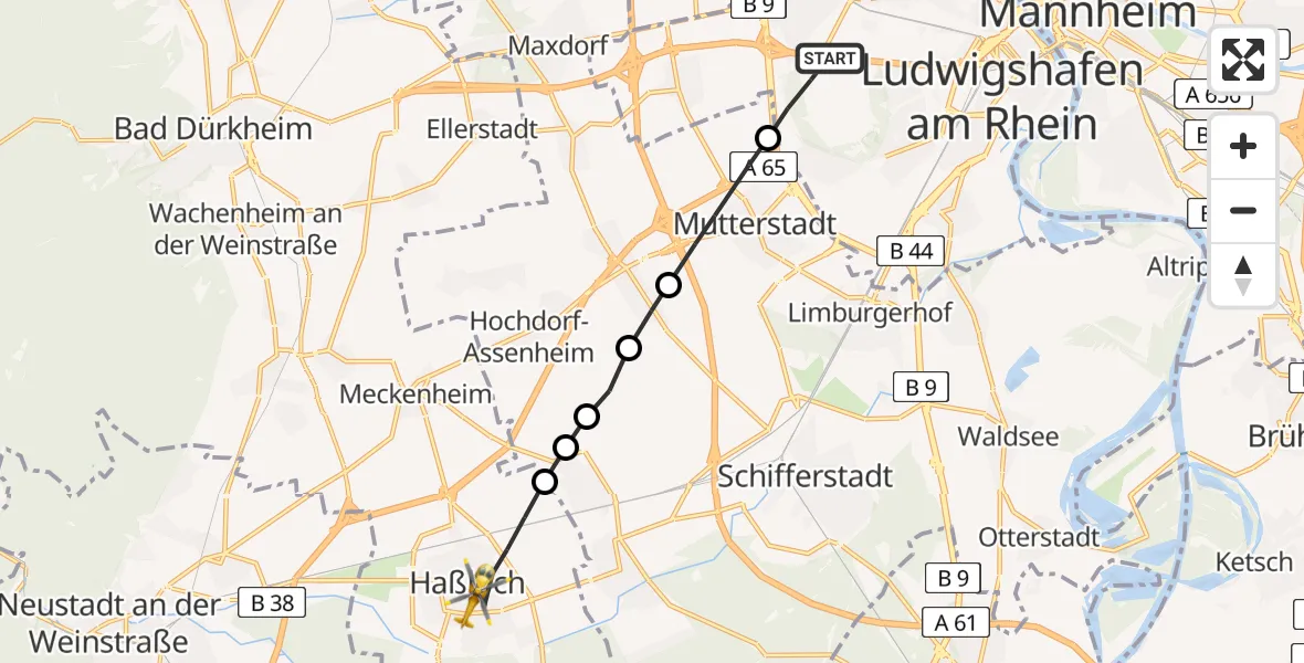 Flugroute Rettungshubschrauber Ludwigshafen am Rhein - Haßloch, 06 März 2026, 08:13