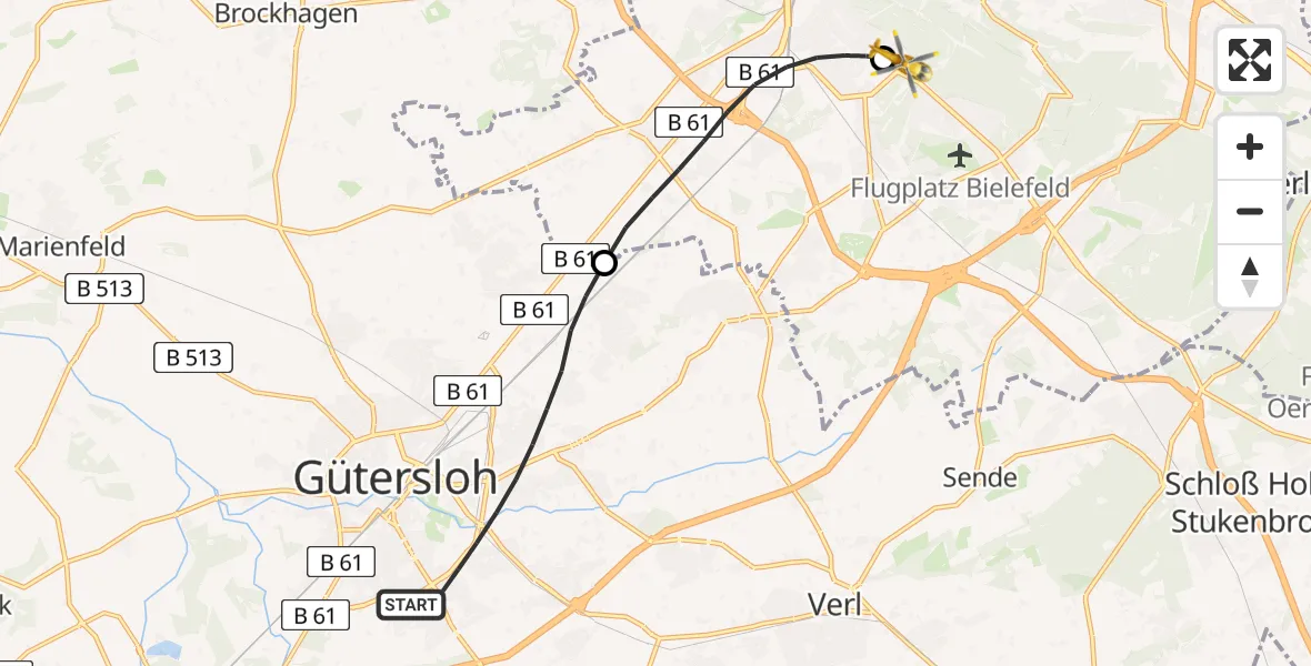 Flugroute Rettungshubschrauber Gütersloh - Luftrettungszentrum Bielefeld, 06 März 2026, 08:15