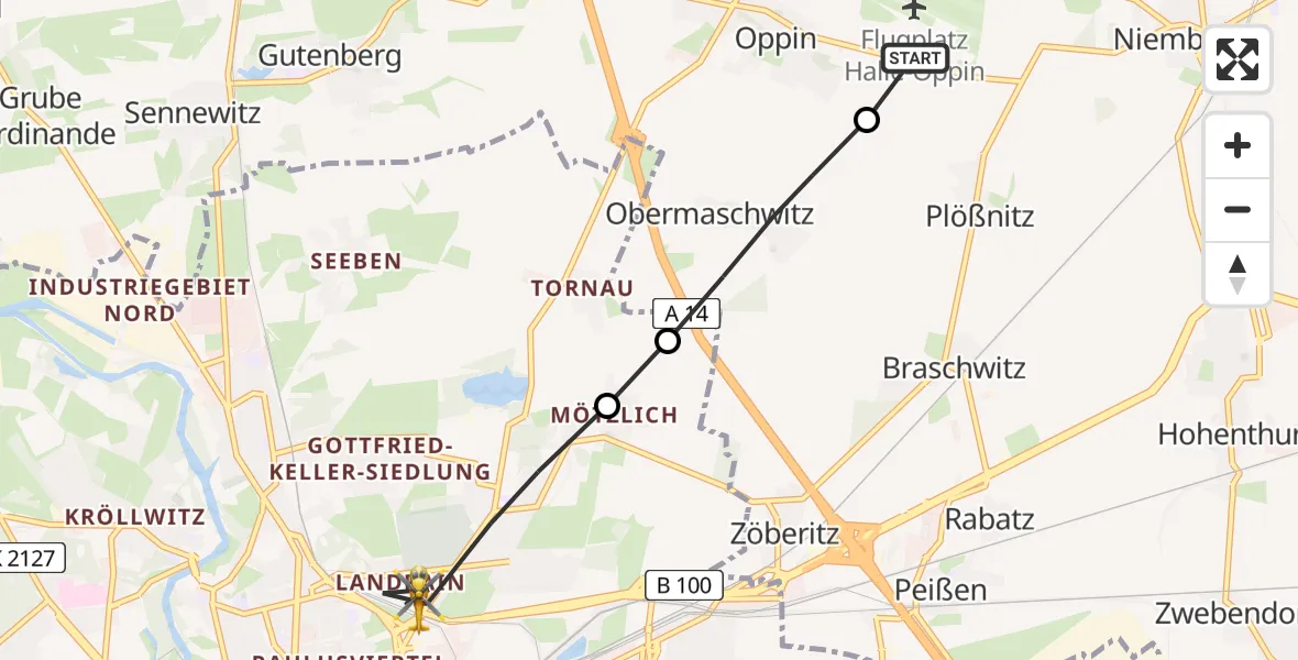 Flugroute Ambulanzhubschrauber Halle-Oppin Airfield - Halle (Saale), 06 März 2026, 08:21