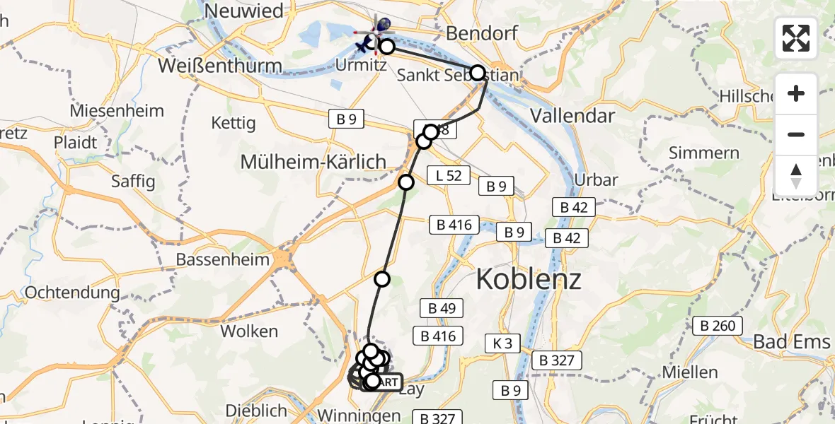 Flugroute Polizeihubschrauber Koblenz-Winningen Airfield - Neuwied, 06 März 2026, 08:23