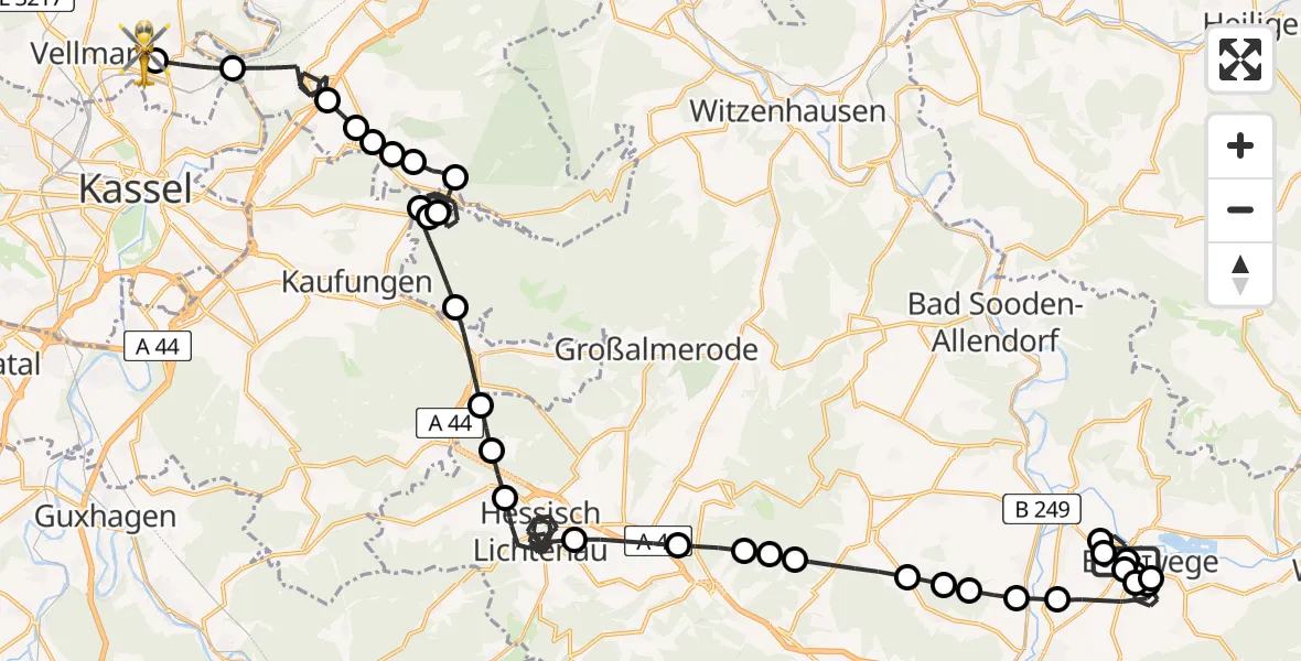Flugroute Rettungshubschrauber Eschwege - Fuldatal Federal Police Heliport, 06 März 2026, 08:25