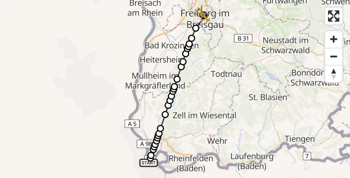 Flugroute Rettungshubschrauber Messe Basel Emergency Heliport - Freiburg University Hospital Heliport 1, 06 März 2026, 08:30