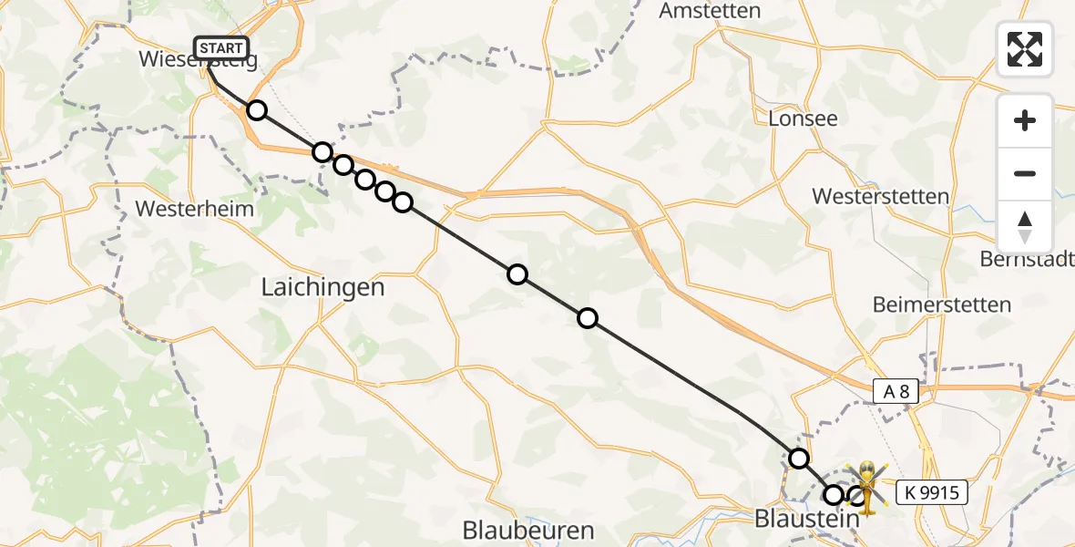 Flugroute Rettungshubschrauber Wiesensteig - Ulm Military Hospital Emergency Heliport, 06 März 2026, 08:52