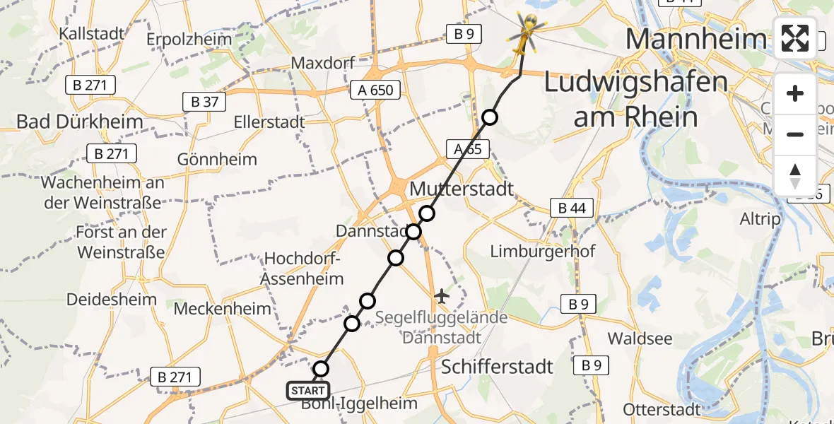Flugroute Rettungshubschrauber Haßloch - Ludwigshafen Accident Hospital Heliport, 06 März 2026, 08:59