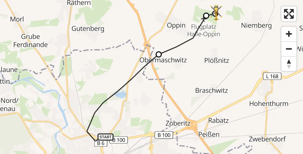 Flugroute Ambulanzhubschrauber Halle (Saale) - Landsberg, 06 März 2026, 09:00