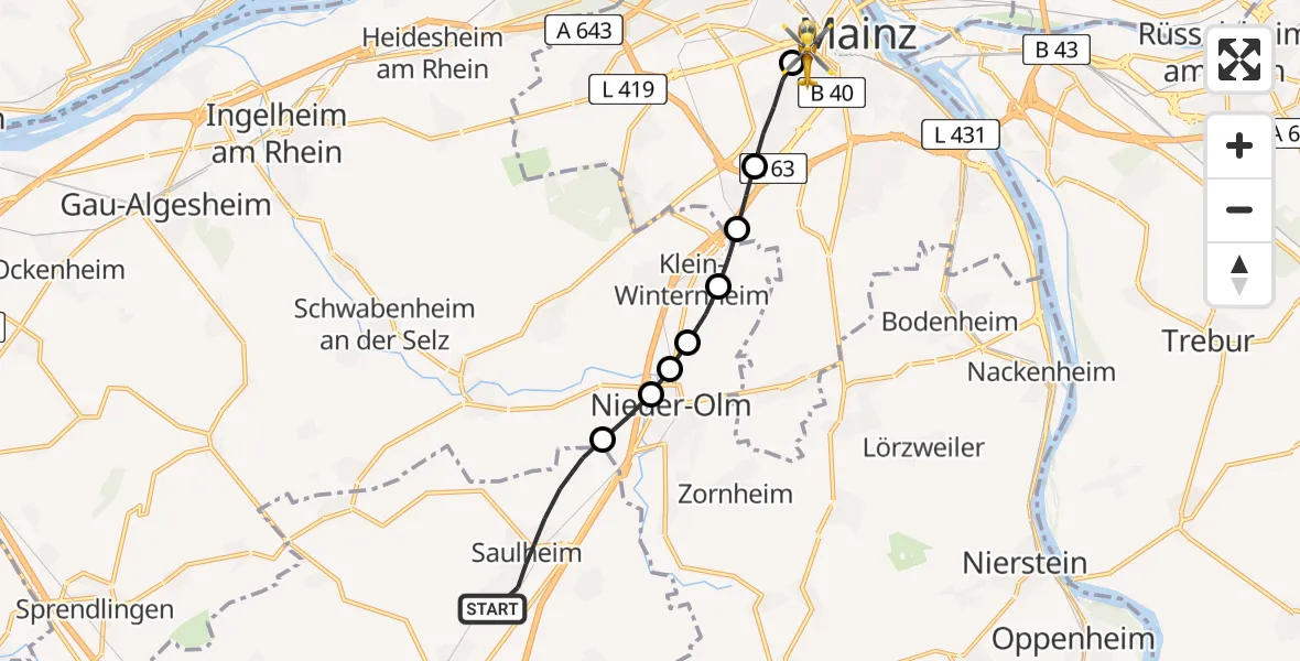 Routekaart van de vlucht: Rettungshubschrauber nach Mainz University Hospital Heliport