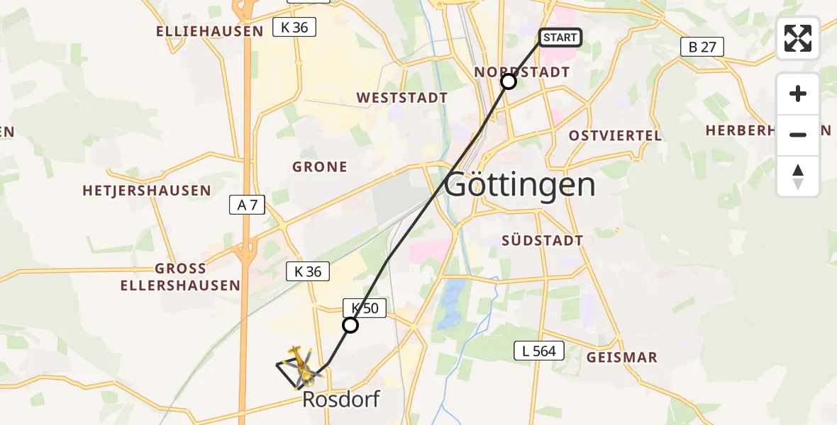 Flugroute Rettungshubschrauber Göttingen University Clinic Heliport - Rosdorf, 06 März 2026, 09:07