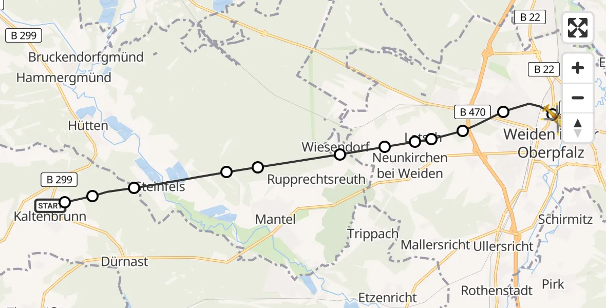 Flugroute Rettungshubschrauber Kaltenbrunn - Weiden Hospital Heliport, 06 März 2026, 09:07