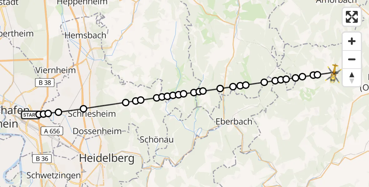 Flugroute Rettungshubschrauber Mannheim-City Airport - Mudau, 06 März 2026, 09:21