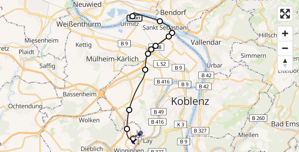 Flugroute Polizeihubschrauber Urmitz - Koblenz-Winningen Airfield, 06 März 2026, 09:24