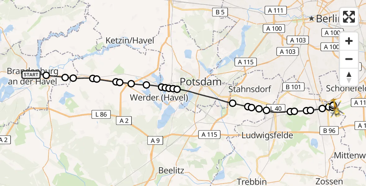 Flugroute Rettungshubschrauber Brandenburg an der Havel - Berlin Brandenburg Airport, 06 März 2026, 09:34