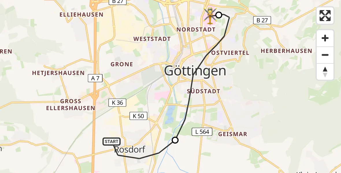 Flugroute Rettungshubschrauber Rosdorf - Göttingen University Clinic Heliport, 06 März 2026, 09:38