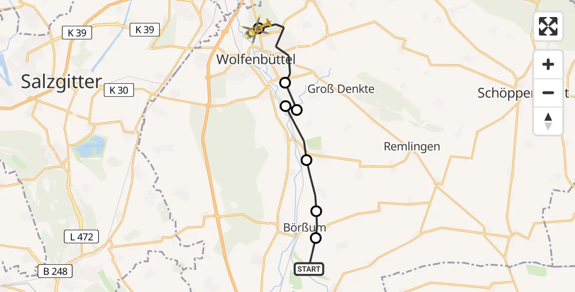 Flugroute Rettungshubschrauber Schladen-Werla - Wolfenbüttel Municipal Hospital Heliport (Christoph 30), 06 März 2026, 09:39