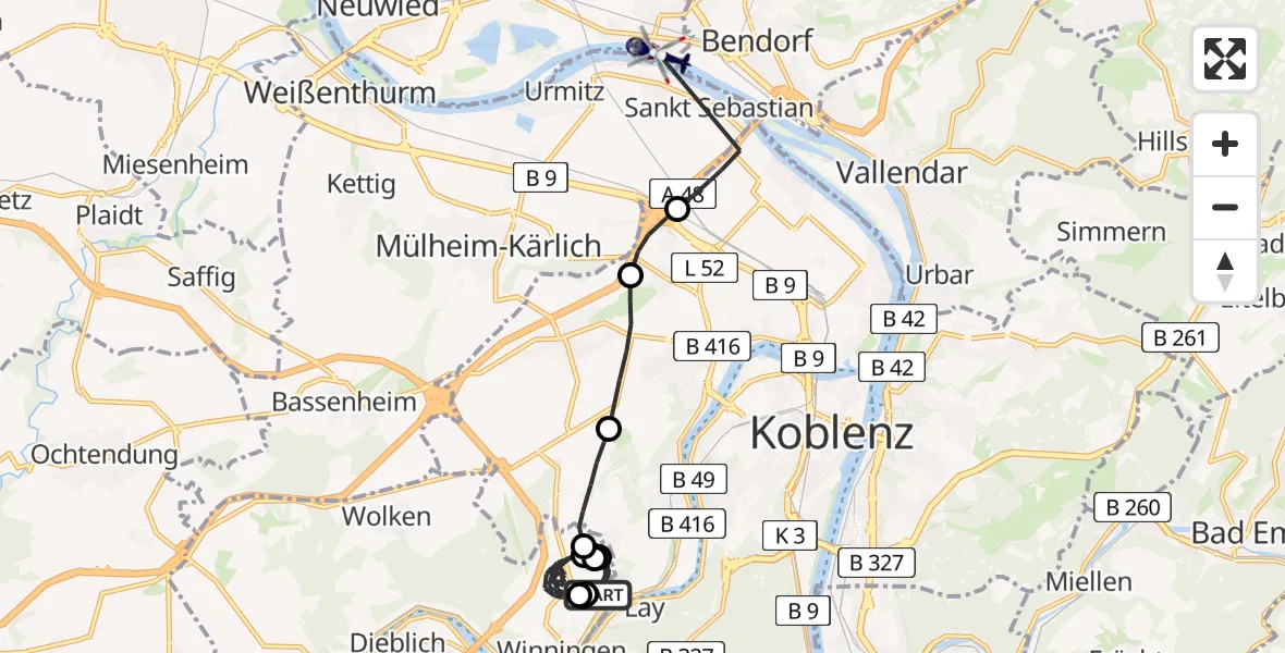 Flugroute Polizeihubschrauber Koblenz-Winningen Airfield - Neuwied, 06 März 2026, 10:07