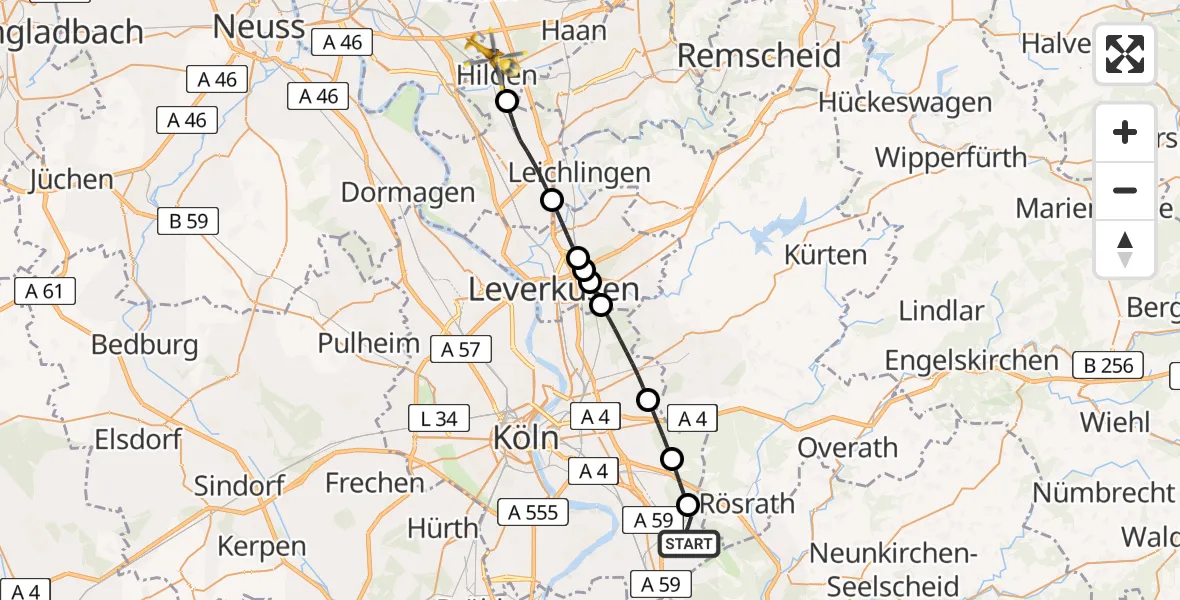 Flugroute Rettungshubschrauber Cologne Bonn Airport - Hilden, 06 März 2026, 10:20