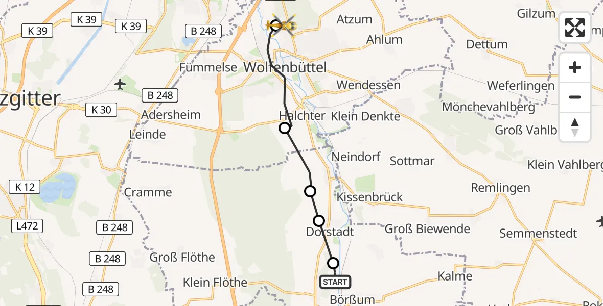 Flugroute Rettungshubschrauber Börßum - Wolfenbüttel Municipal Hospital Heliport (Christoph 30), 06 März 2026, 10:37
