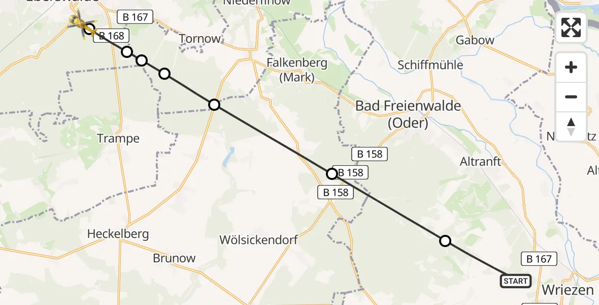 Flugroute Rettungshubschrauber Wriezen - Eberswalde, 06 März 2026, 10:37