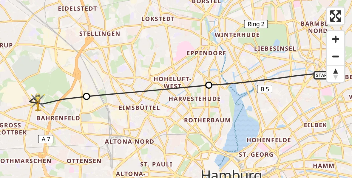 Flugroute Ambulanzhubschrauber Hamburg-Nord - Altona, 06 März 2026, 10:40