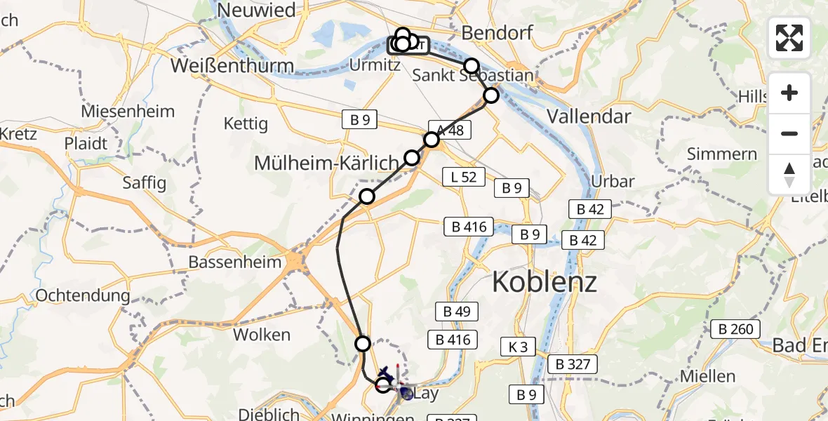 Routekaart van de vlucht: Polizeihubschrauber nach Koblenz-Winningen Airfield