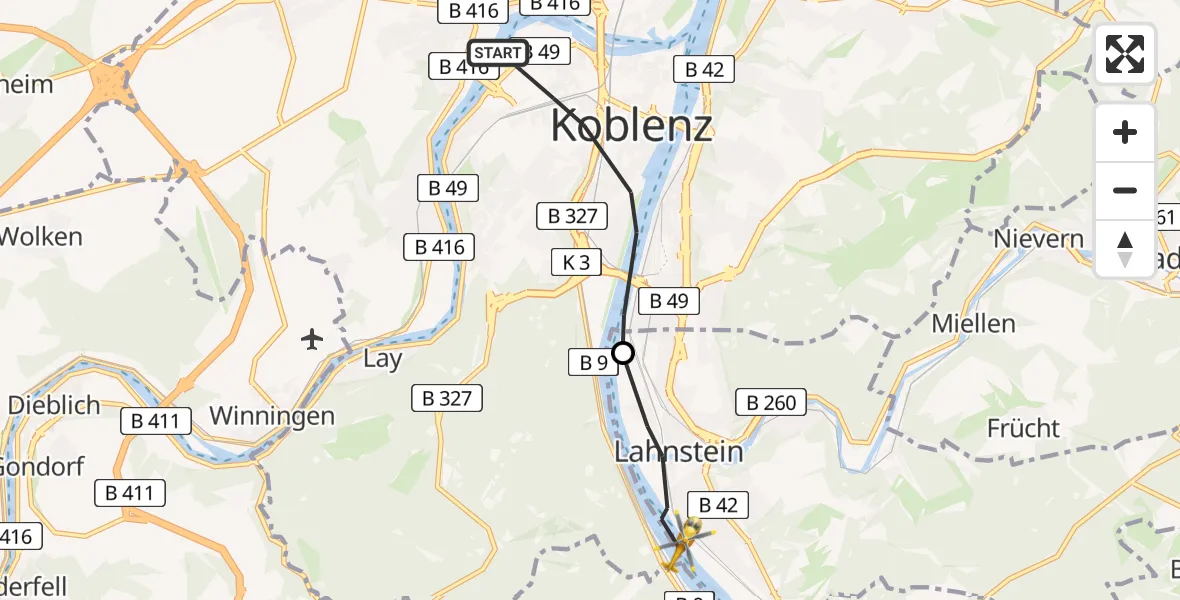 Flugroute Rettungshubschrauber Koblenz - Lahnstein, 06 März 2026, 10:53
