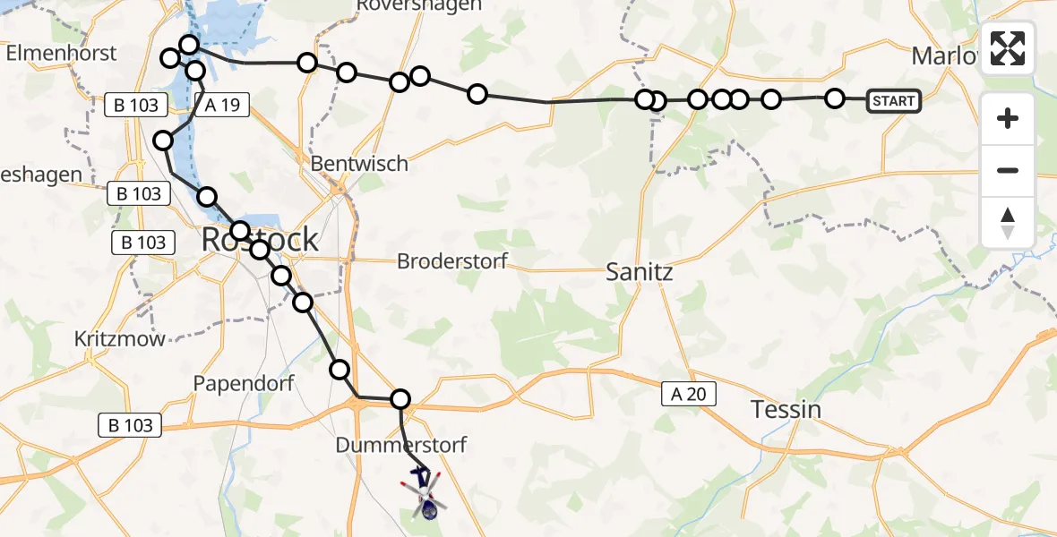 Routekaart van de vlucht: Polizeihubschrauber nach Dummerstorf
