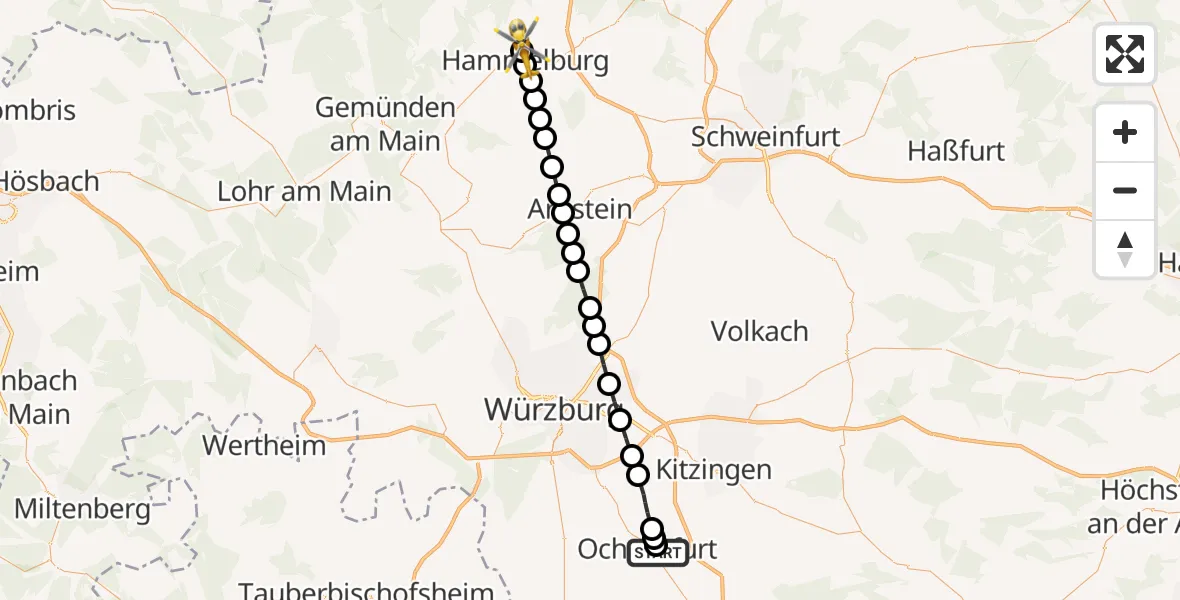 Flugroute Rettungshubschrauber Ochsenfurt - Hammelburg, 06 März 2026, 10:55