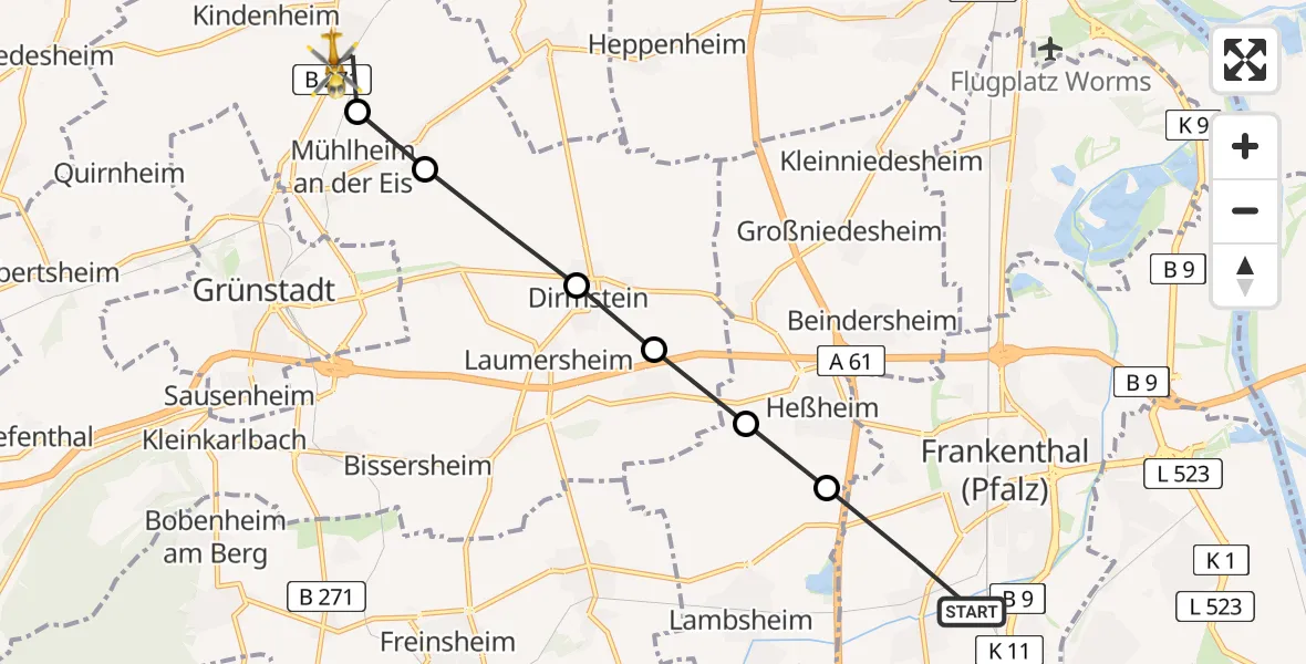 Flugroute Rettungshubschrauber Frankenthal (Pfalz) - Bockenheim an der Weinstraße, 06 März 2026, 10:58