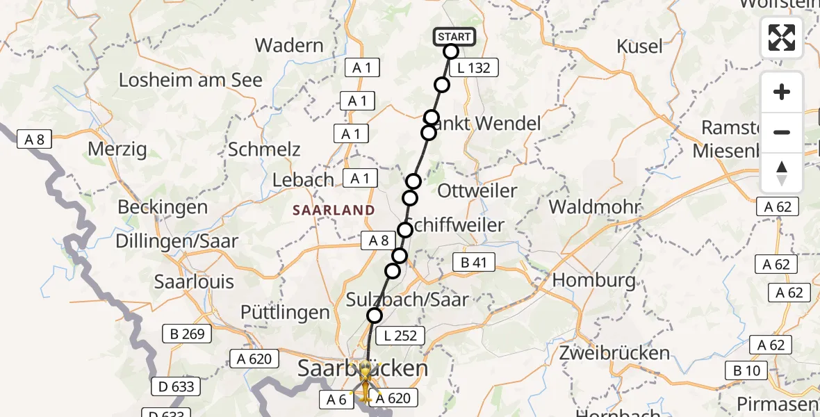 Routekaart van de vlucht: Rettungshubschrauber nach Saarbrücken, Winterberg