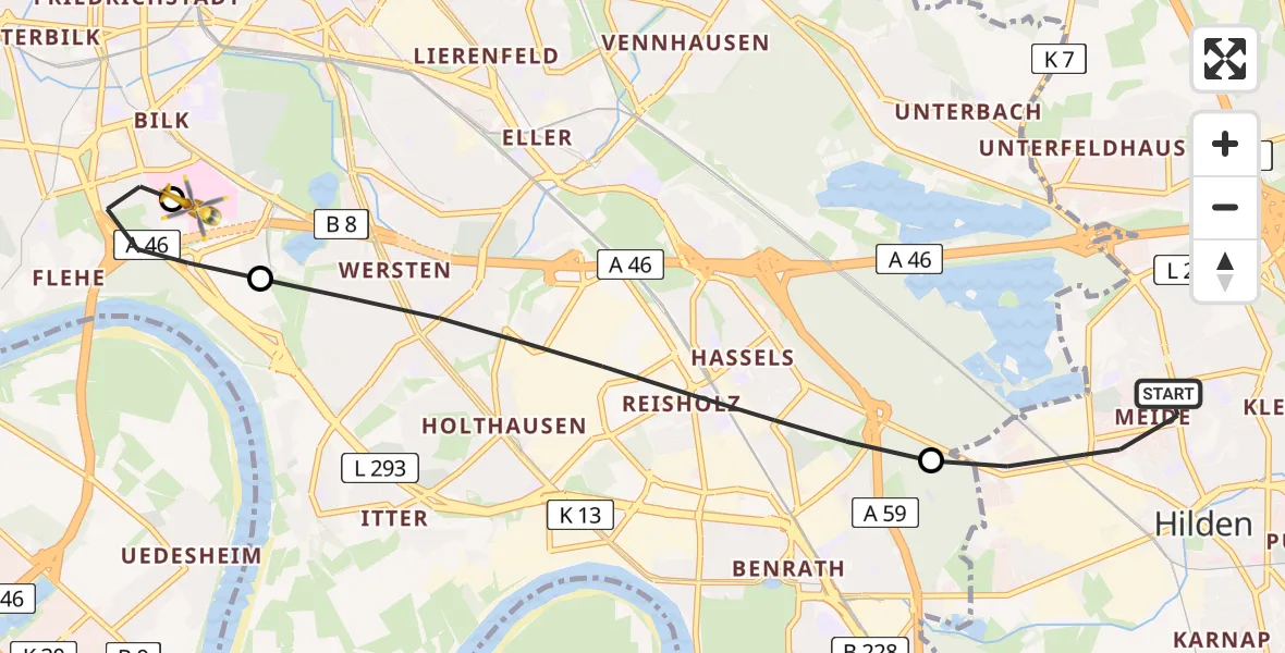 Routekaart van de vlucht: Rettungshubschrauber nach Düsseldorf University Hospital Heliport