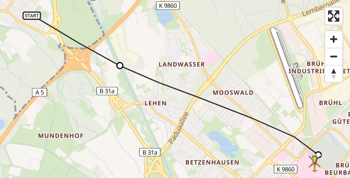 Flugroute Rettungshubschrauber Umkirch - Freiburg University Hospital Heliport 1, 06 März 2026, 11:16