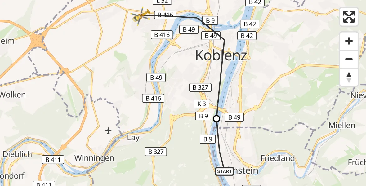Flugroute Rettungshubschrauber Lahnstein - Koblenz, 06 März 2026, 11:24