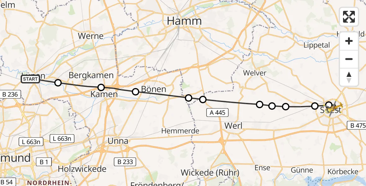 Flugroute Rettungshubschrauber Lünen - Soest, 06 März 2026, 11:26