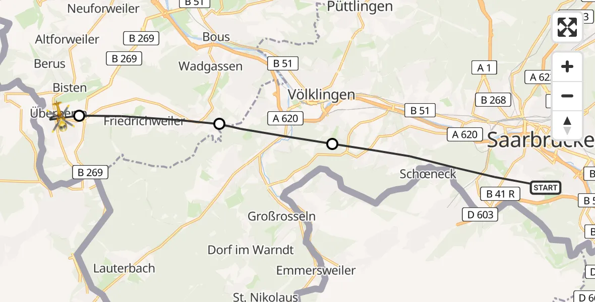 Routekaart van de vlucht: Rettungshubschrauber nach Überherrn, Am Alten Bahnhof