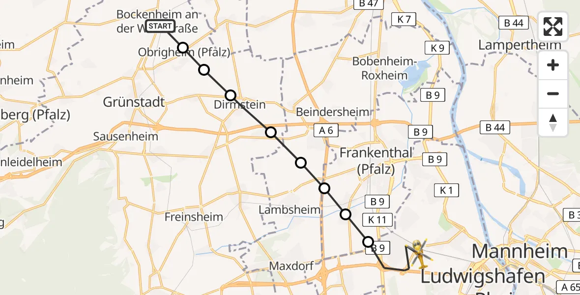 Routekaart van de vlucht: Rettungshubschrauber nach Ludwigshafen Accident Hospital Heliport
