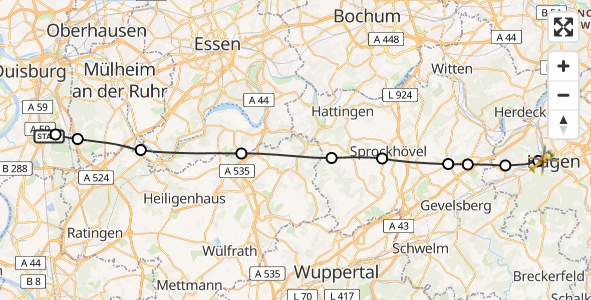 Flugroute Rettungshubschrauber Duisburg Air Rescue Heliport (Christoph 9) - Hagen-Mitte, 06 März 2026, 11:40